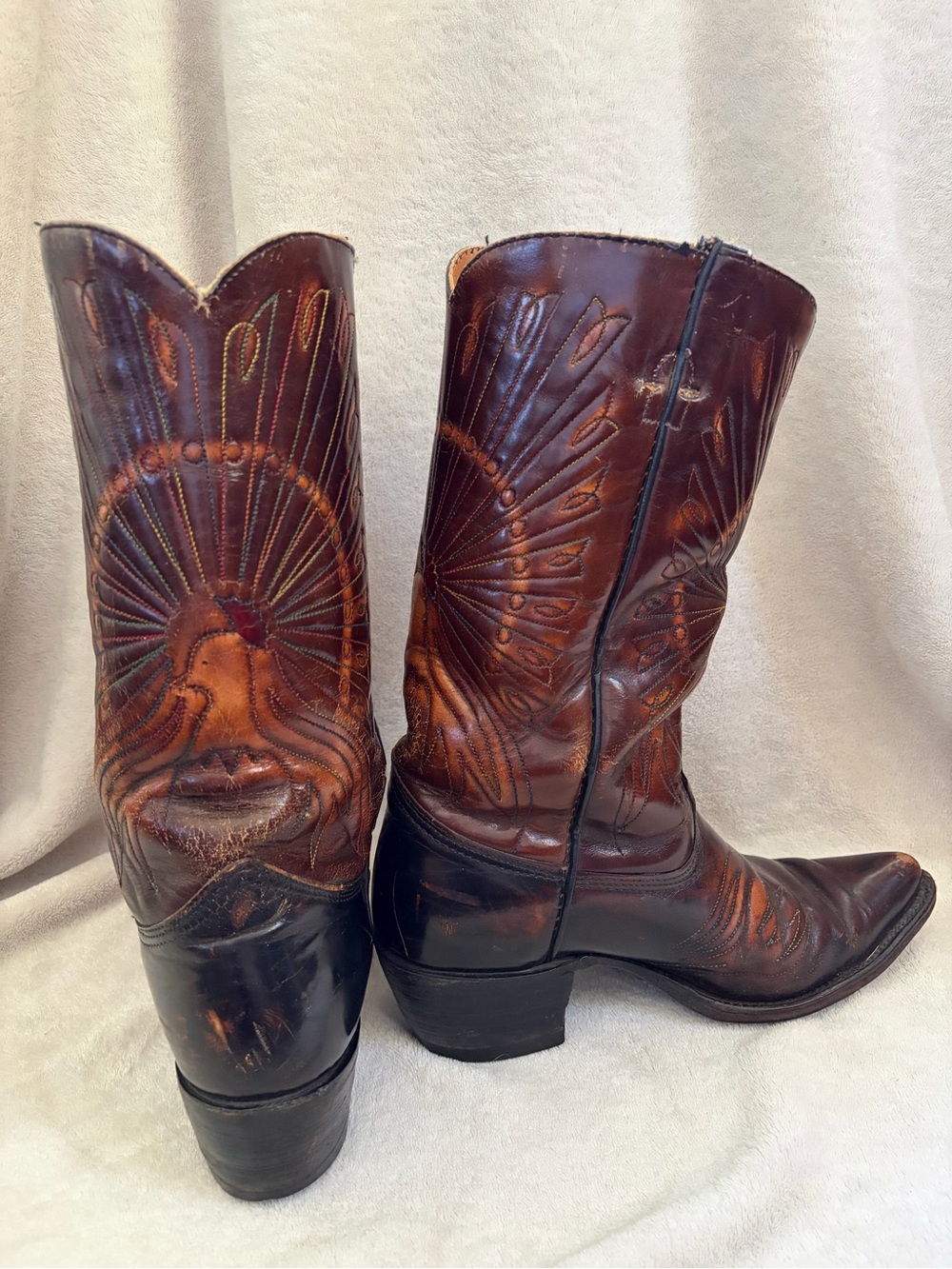 Vintage Texas USA Made Leather Western Cowboy Peacock Design Boots